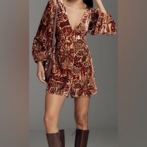 Farm Rio x Anthropologie Long-Sleeve Leopard Print Romper:Safari Sand - Size: M